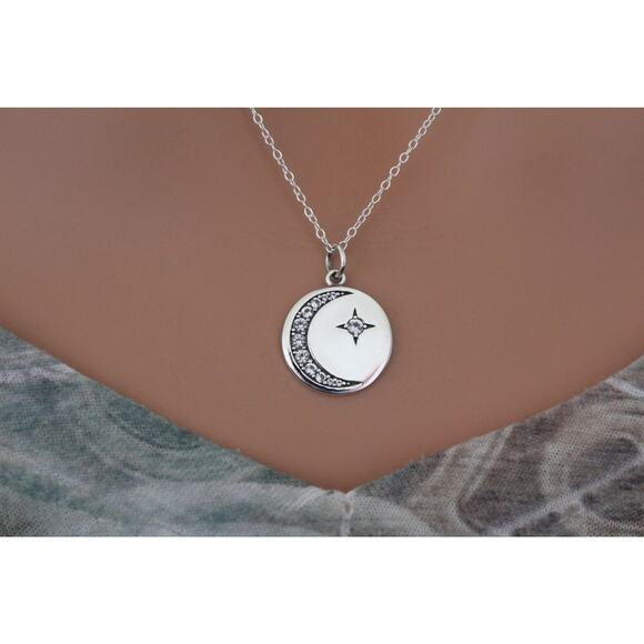 Sterling Silver Disk Charm with Nano Gem Star and Moon Necklace - Picture 2 of 4
